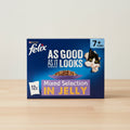 Purina Felix cat food packaging for 'Mixed Selection IN JELLY' wet cat food, 12x pack, featuring a blue background with a cartoon cat peeking from the side and a bowl of wet food in the center.