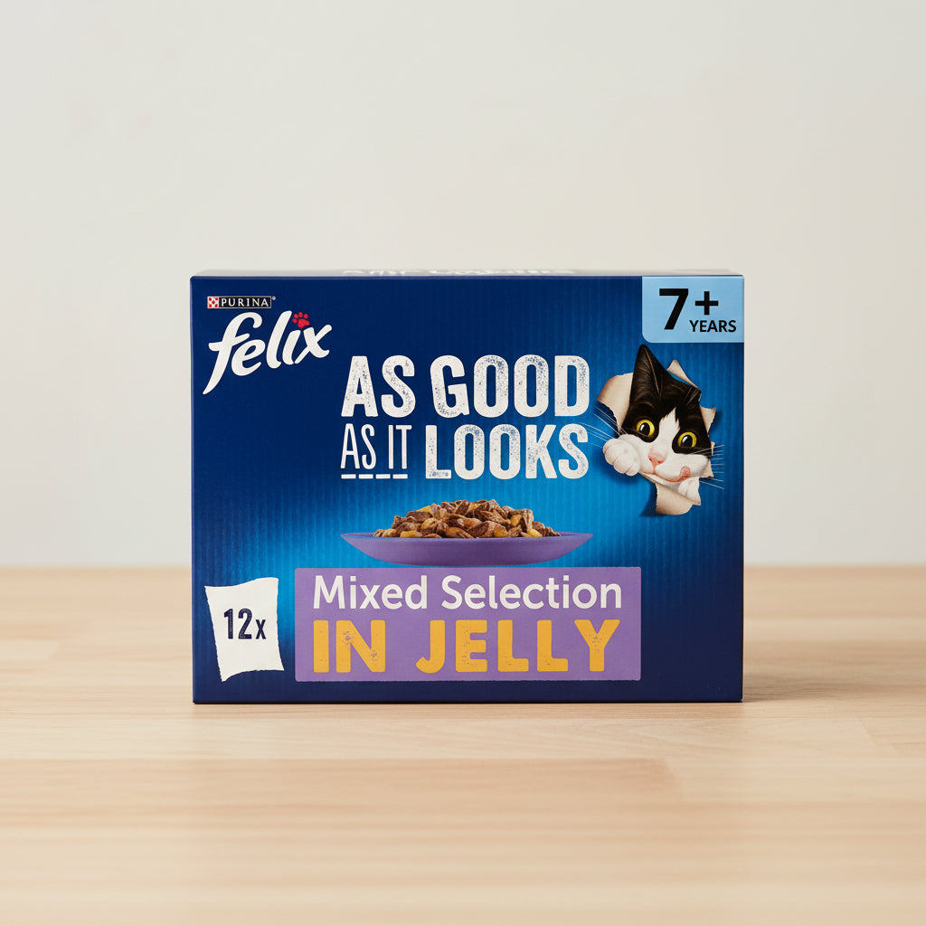 Purina Felix cat food packaging for 'Mixed Selection IN JELLY' wet cat food, 12x pack, featuring a blue background with a cartoon cat peeking from the side and a bowl of wet food in the center.