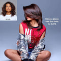 Person with glossy hair styled in a red top and silver jacket, with 'Before' image on the side.