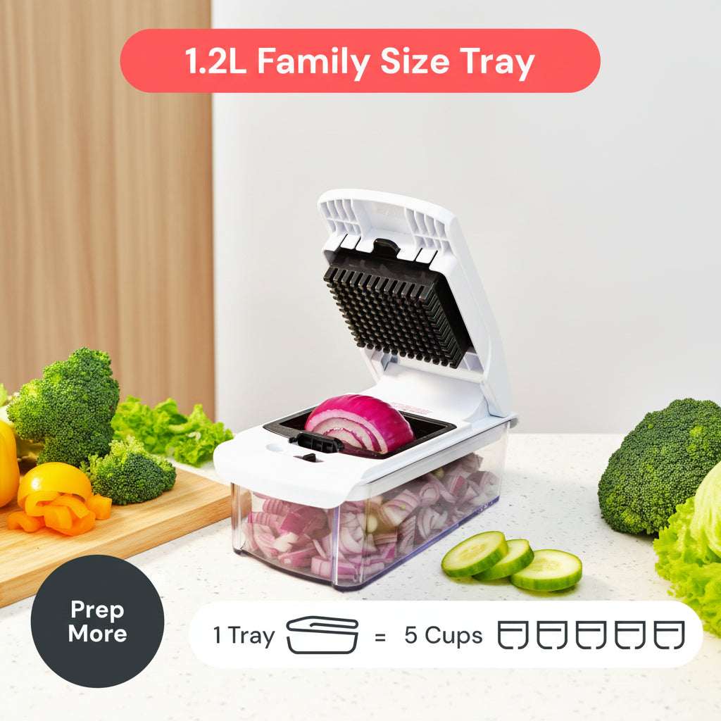 Vegetable chopper with onions and broccoli on a kitchen counter