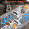 Pet hair removal tool with a cat and dog on a rug, demonstrating its use.