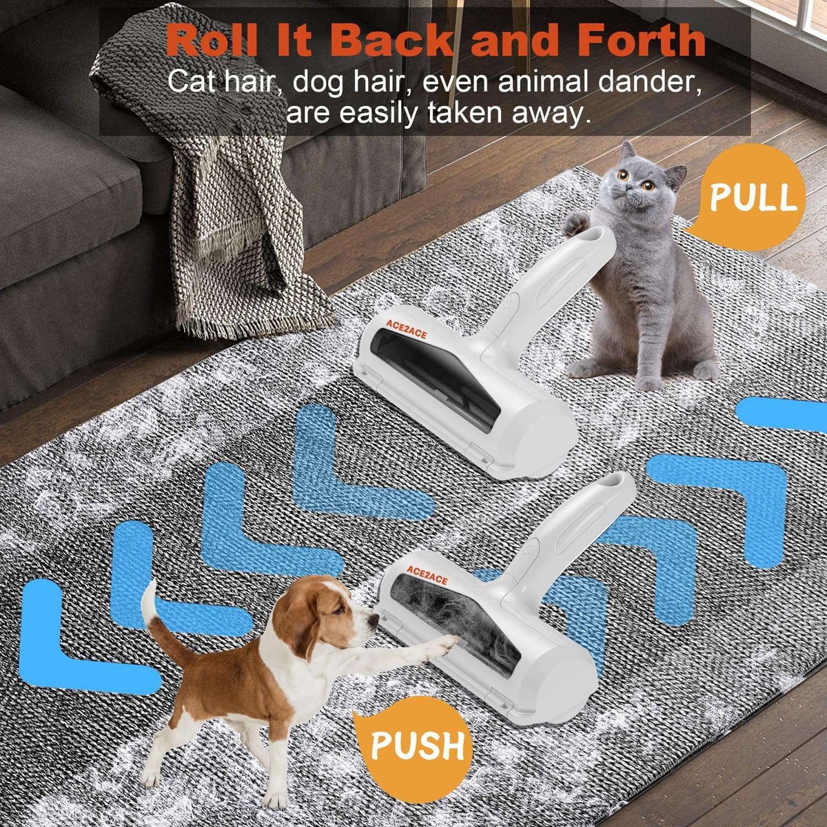 Pet hair removal tool with a cat and dog on a rug, demonstrating its use.