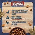 Bakers Meaty Meals dog food packaging with text and images of dog food on a wooden board.