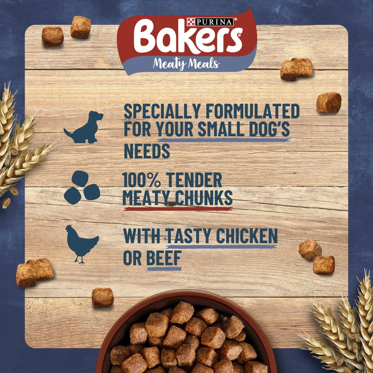 Bakers Meaty Meals dog food packaging with text and images of dog food on a wooden board.