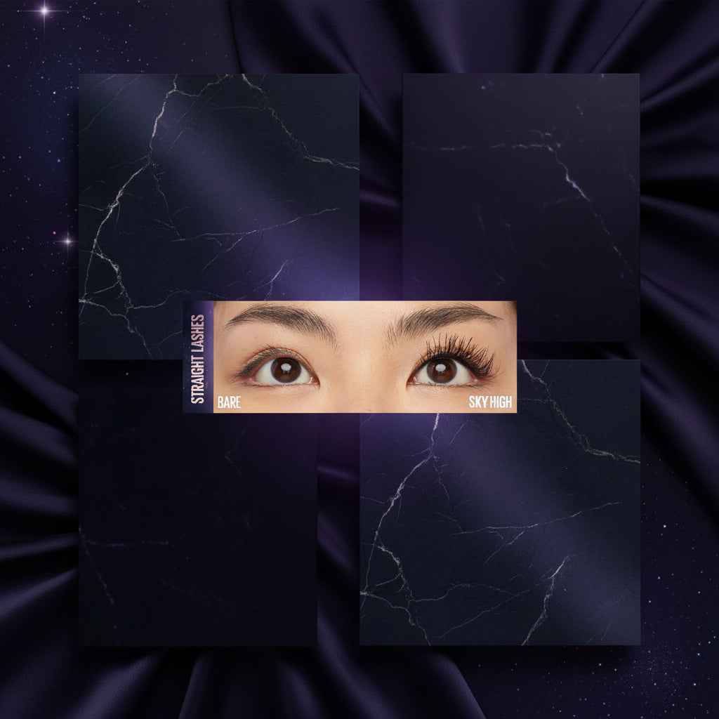 Comparison of sparse, straight, and curly lashes labeled 'Bare' and 'Sky High' on a person's eyes.