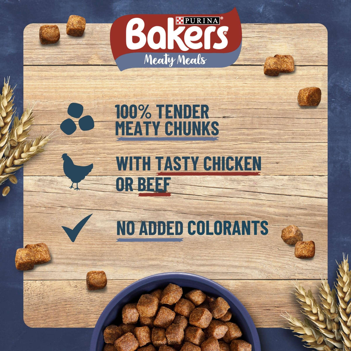 Bakers Purina meaty meals packaging with text and images of chicken and beef on a wooden board.