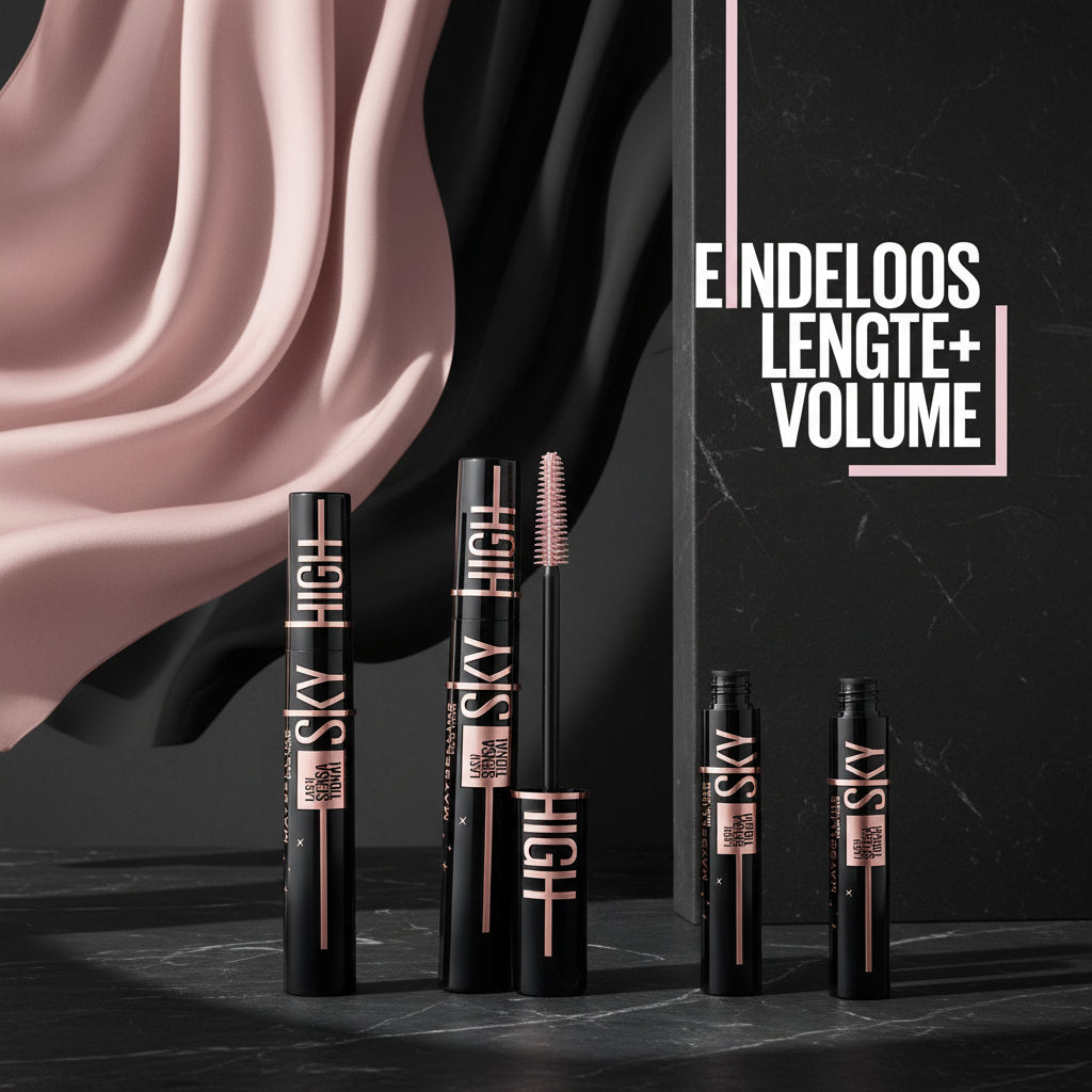 Maybelline mascara with 'High' text on a starry background