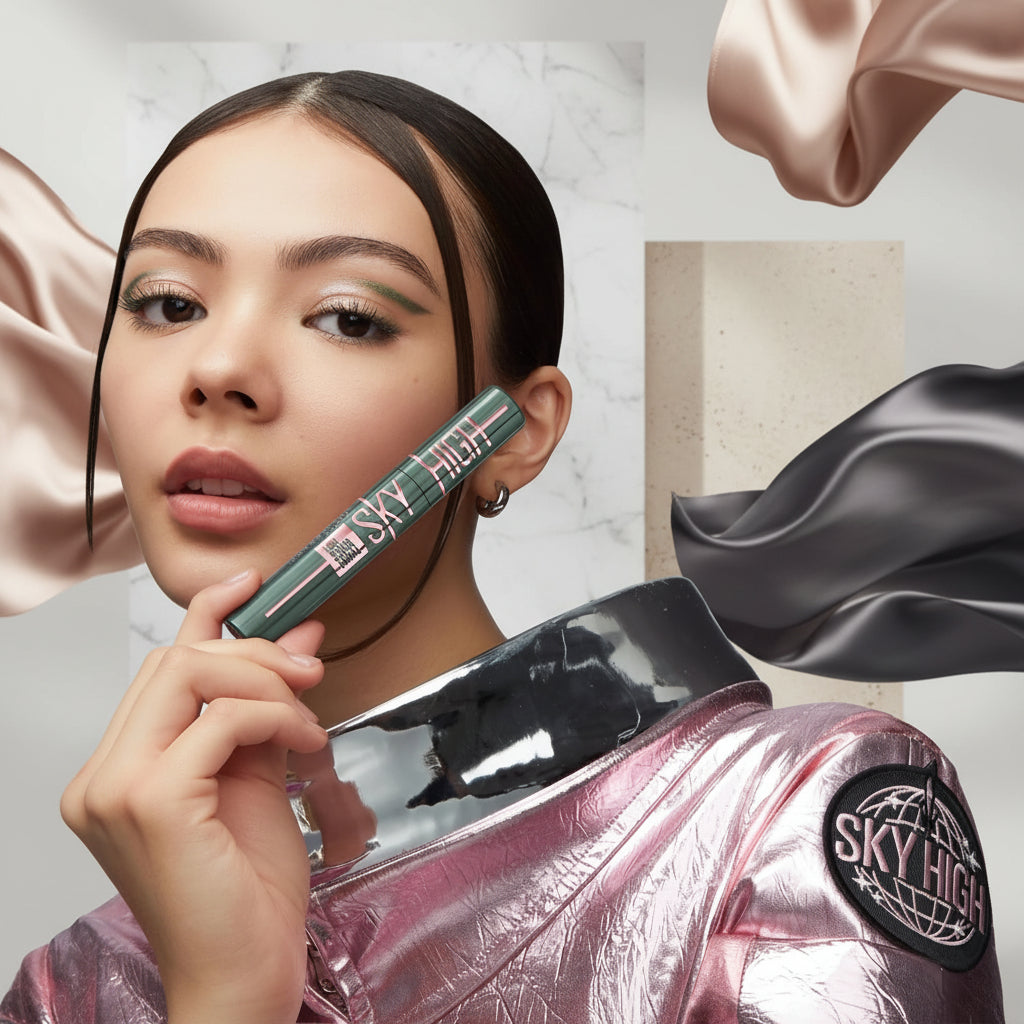 Woman holding a 'SKY HIGH' product with a space-themed background