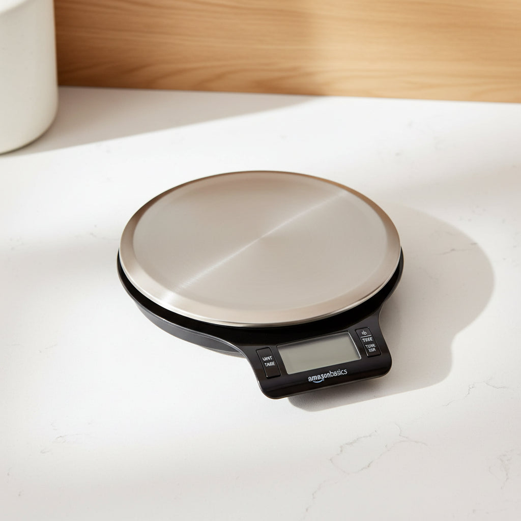 Digital kitchen scale on a wooden surface with a whisk and measuring spoons.