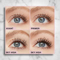 Before and after eye makeup comparison with primer and eyelash product application.
