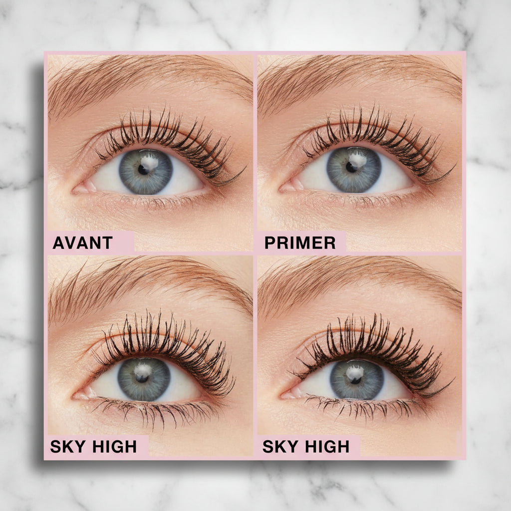 Before and after eye makeup comparison with primer and eyelash product application.