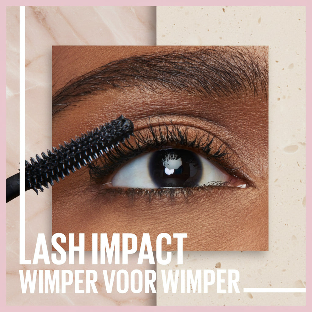 Eyelash curler being used on an eye with text 'LASH IMPACT WIMPER VOOR WIMPER' on a pink background