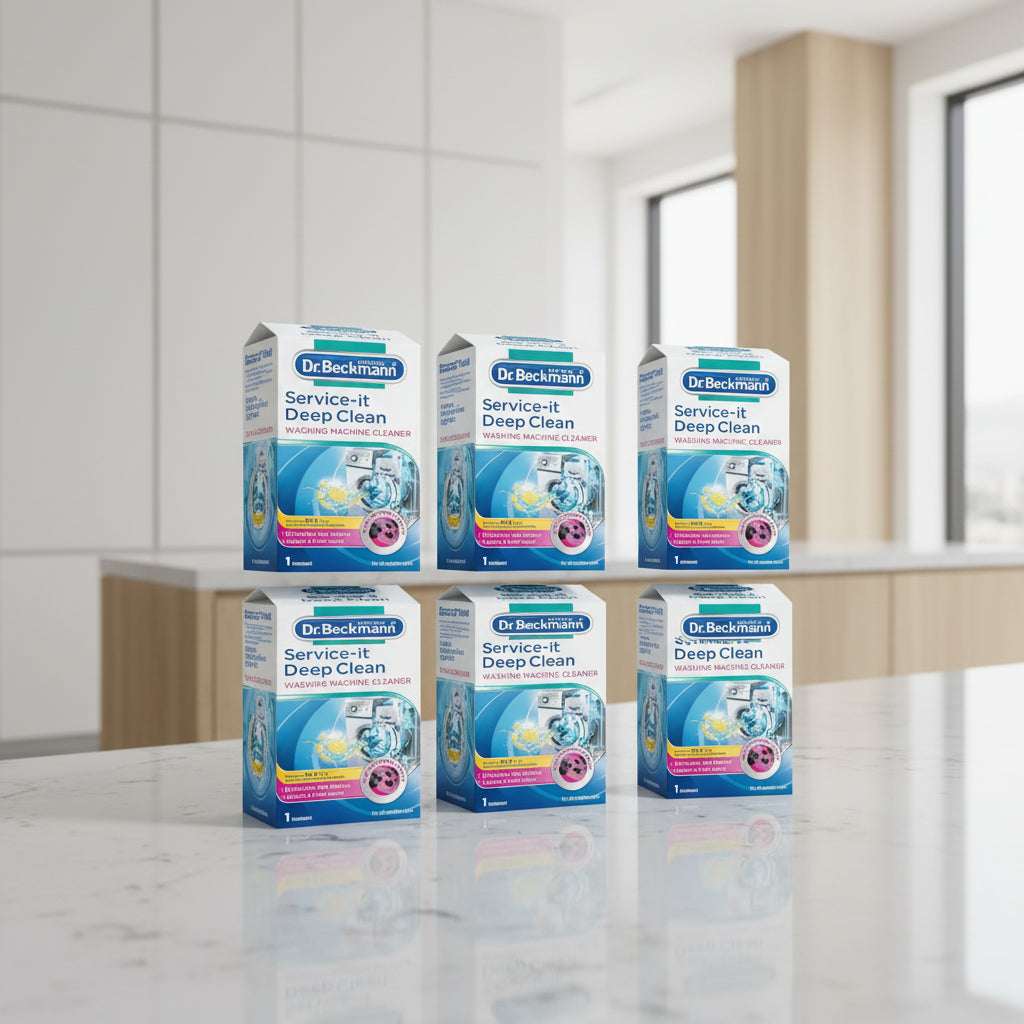 Five packages of Dr. Beckmann Service-it Deep Clean washing machine cleaner on a white background