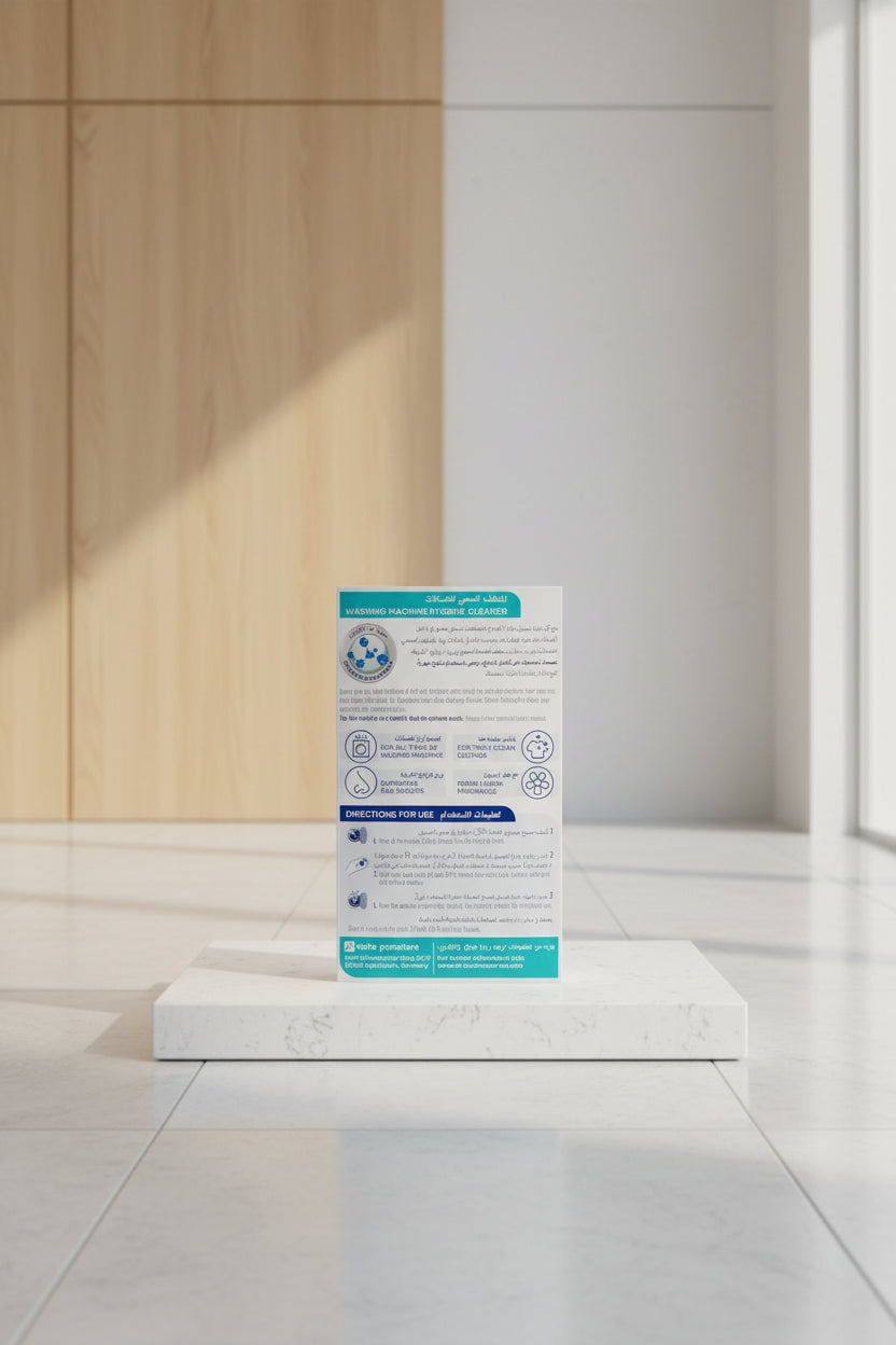 An informational product sheet for Delta Pronatura Washing Machine Hygiene Cleaner, featuring product details, usage directions, and application icons in both English and Arabic.