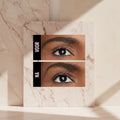 Before and after comparison of eye makeup application on a person's eyelid.