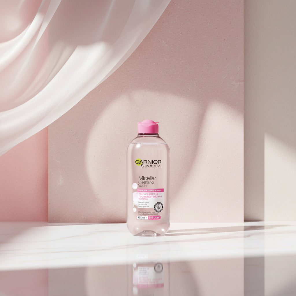 Garnier Skinactive Micellar Cleansing Water in a 400ml clear bottle with a pink cap, set against a pink textured background with text overlays.