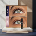 Close-up of eyes with black and bare eyeliner comparison on a purple and pink gradient background.