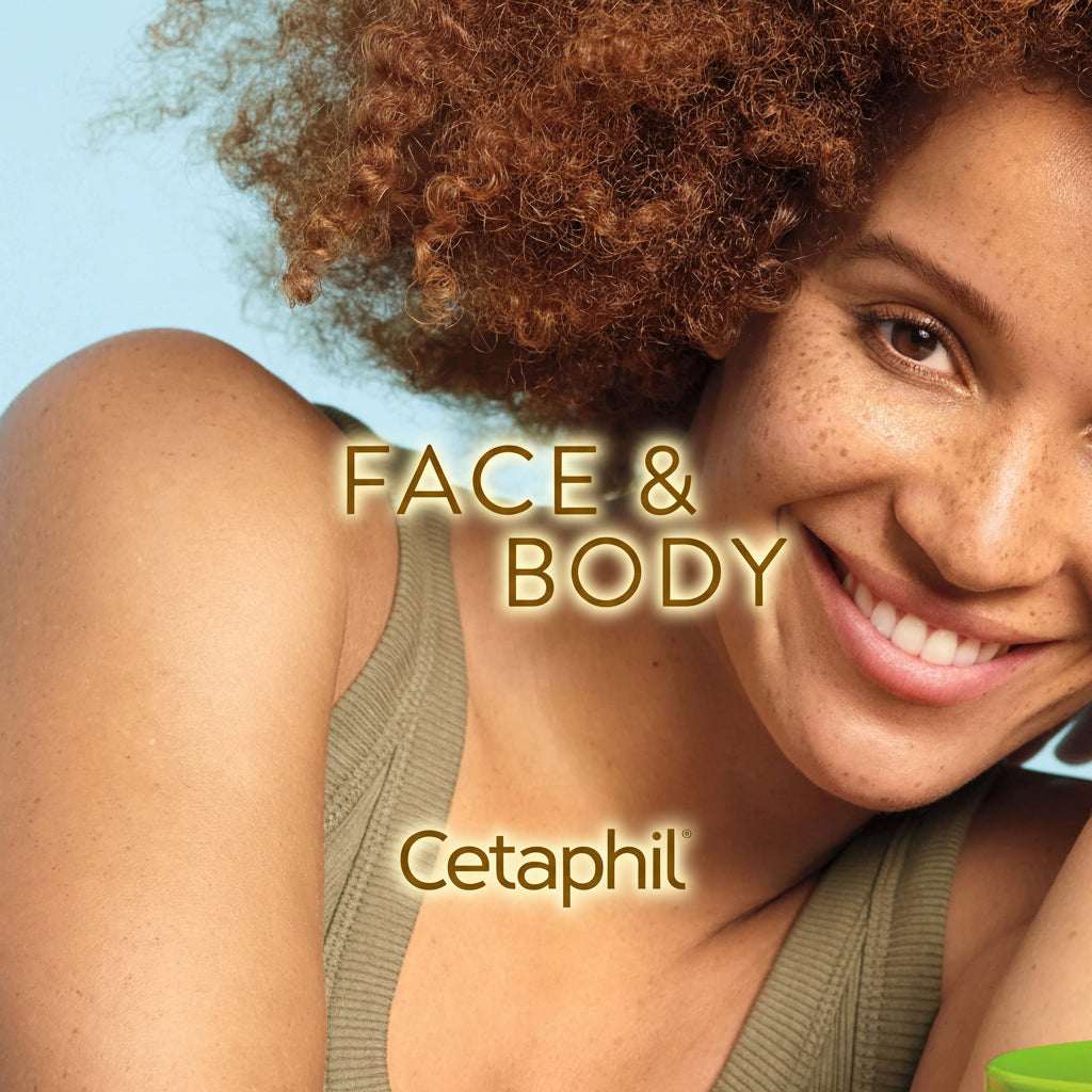 Woman with a happy expression, wearing a green tank top, with 'Cetaphil' branding.