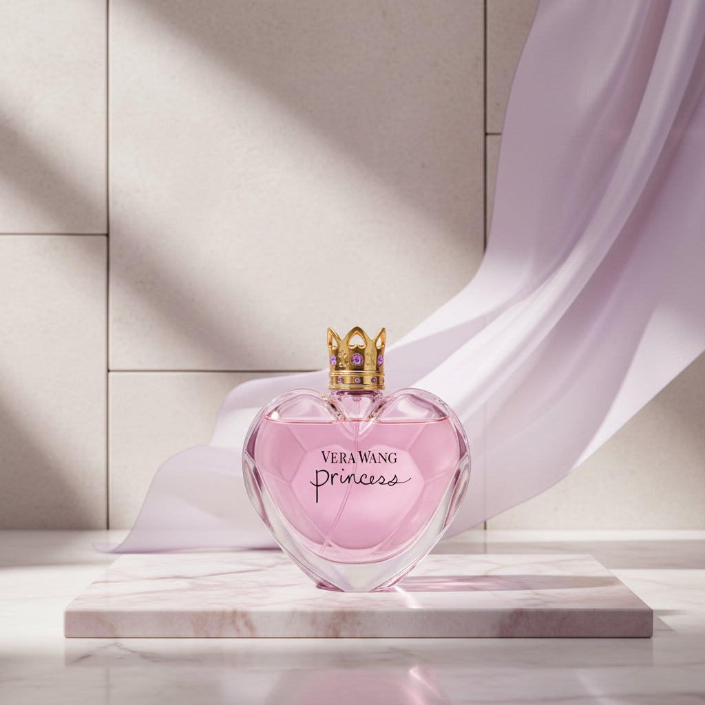Vera Wang Princess perfume bottle with a woman holding a large crown on a dark background