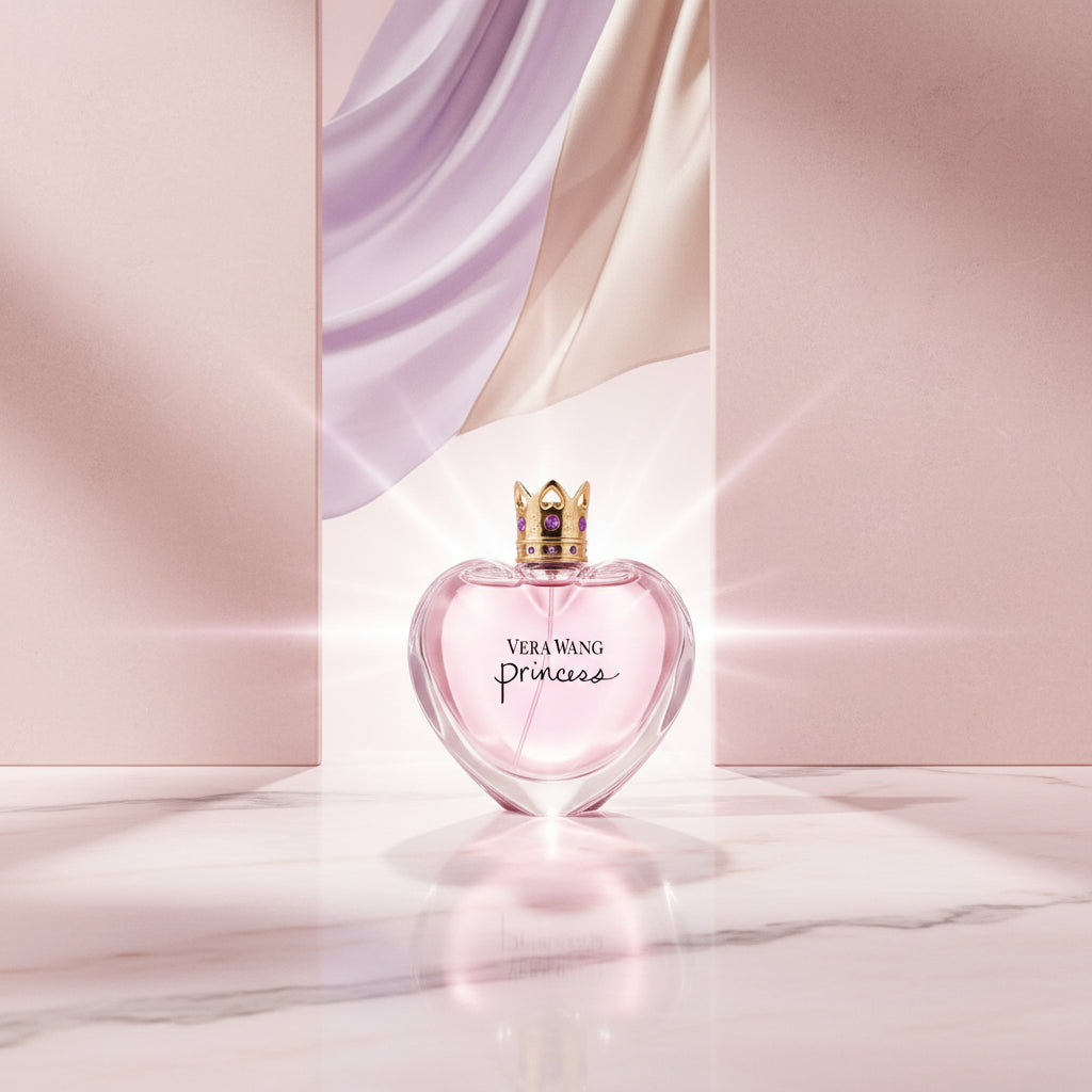 Vera Wang Princess perfume bottle with a woman in a sparkling outfit on a dark background