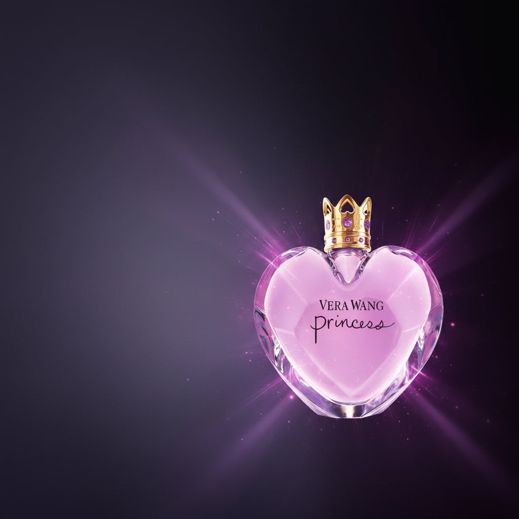 Vera Wang Princess perfume bottle with a woman in a sparkling outfit on a dark background