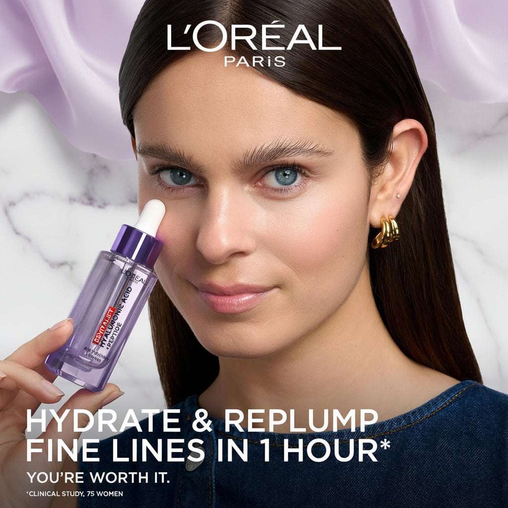 L'Oreal Paris serum bottle with a woman holding it, on a white background