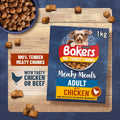 Purina Bakers dog food package with ingredients on a wooden board