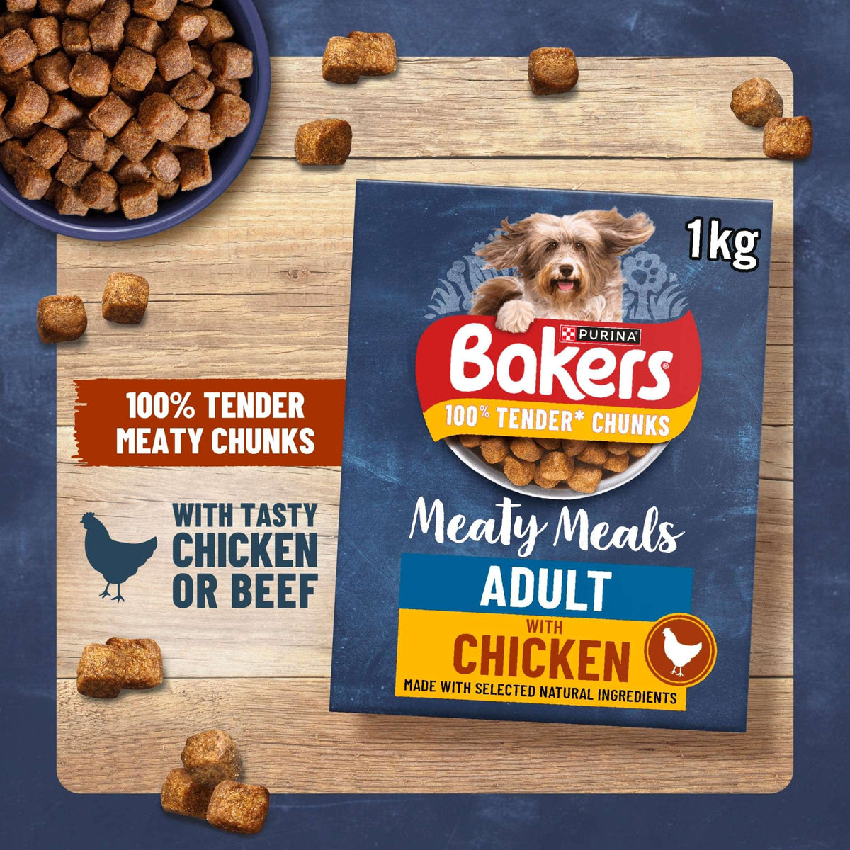 Purina Bakers dog food package with ingredients on a wooden board