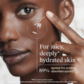 Close-up of a woman applying a skincare product with text about skin hydration.