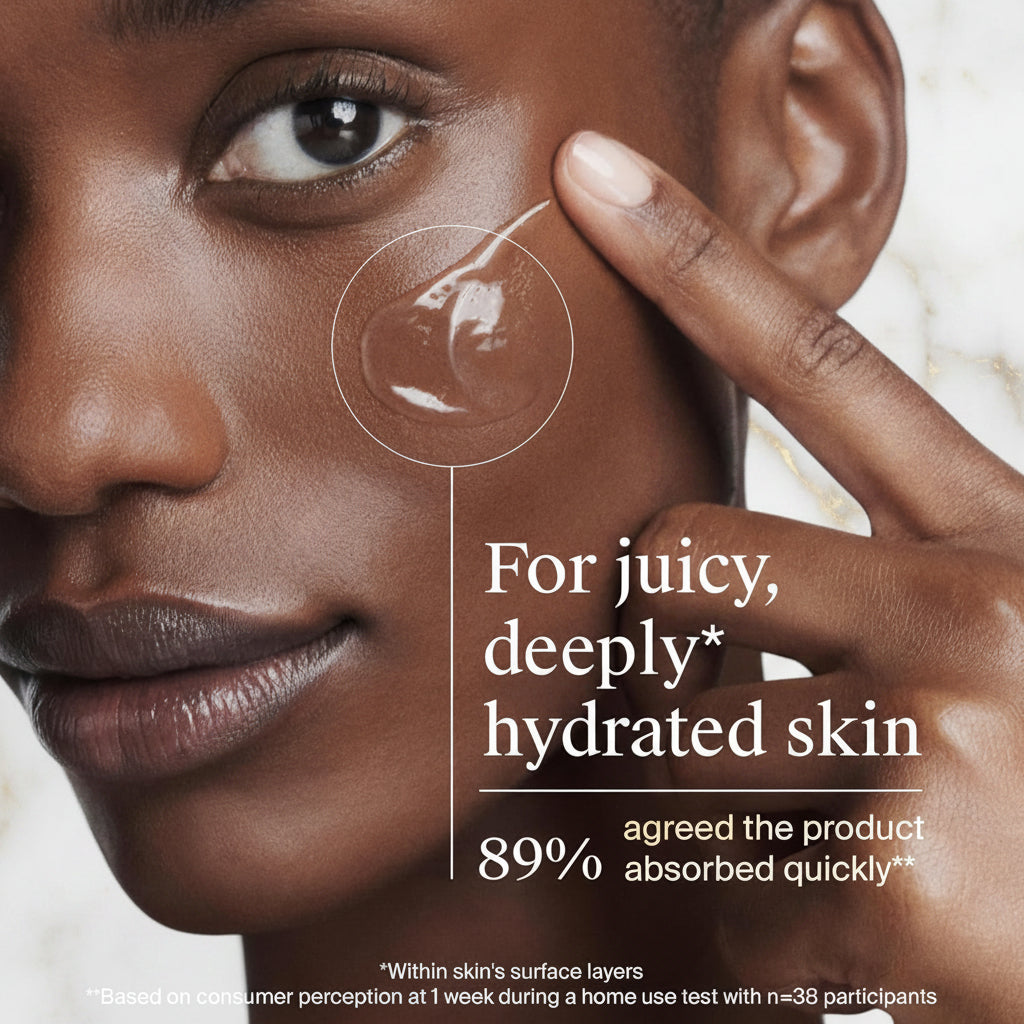 Close-up of a woman applying a skincare product with text about skin hydration.
