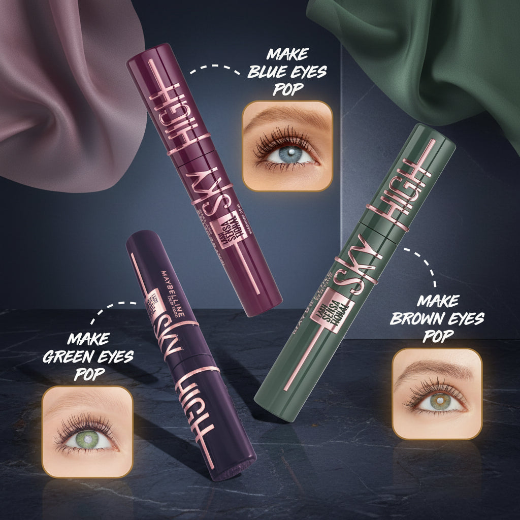 Three eyelash products with color-changing effects on eyes against a starry night sky background.