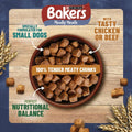 Purina Bakers Meaty Meals dog food promotional graphic showing a bowl of brown kibble chunks on a wood plank background, with text reading 'Specially formulated for small dogs,' 'With tasty chicken or beef,' '100% tender meaty chunks,' and 'Perfect nutritional balance.'.