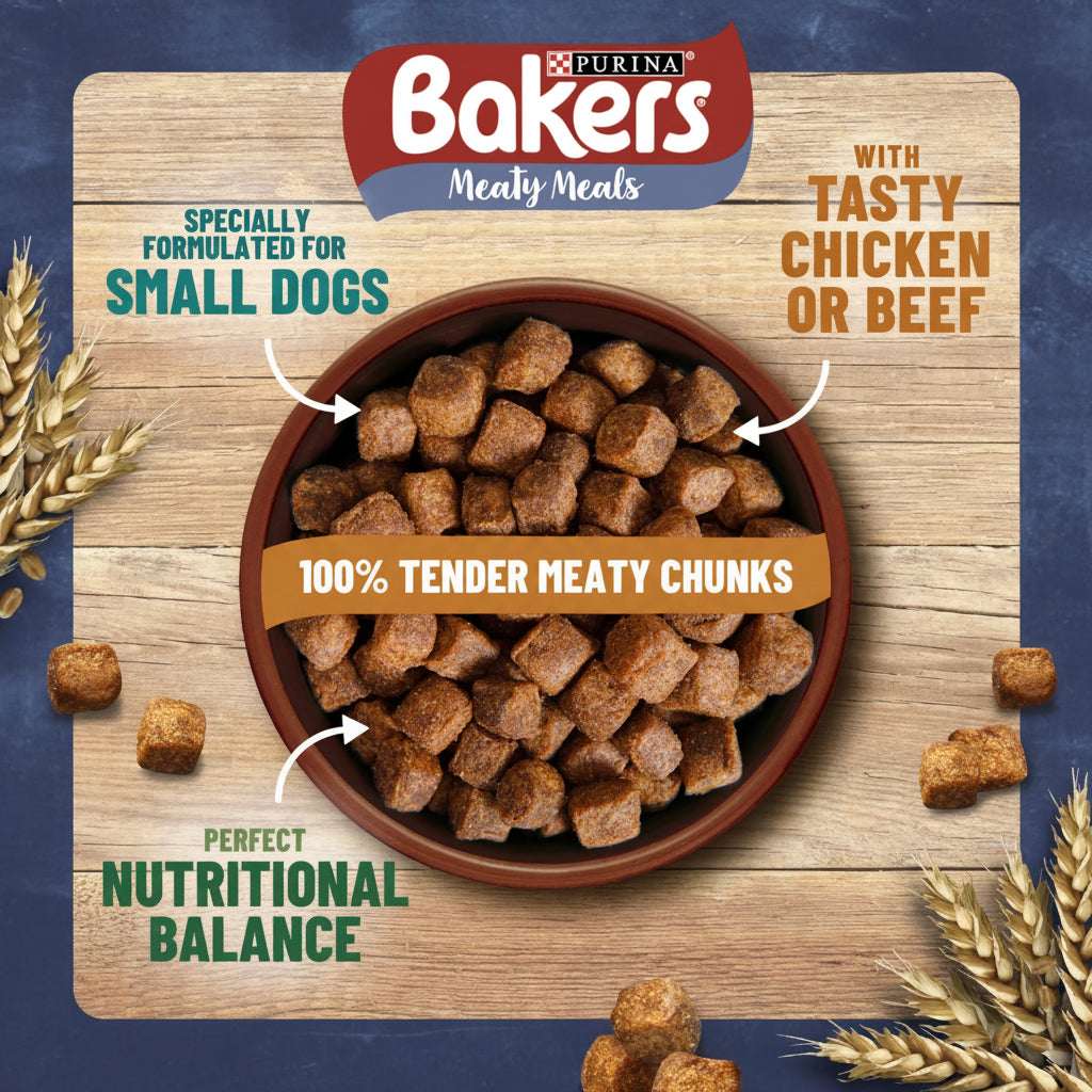 Purina Bakers Meaty Meals dog food promotional graphic showing a bowl of brown kibble chunks on a wood plank background, with text reading 'Specially formulated for small dogs,' 'With tasty chicken or beef,' '100% tender meaty chunks,' and 'Perfect nutritional balance.'.