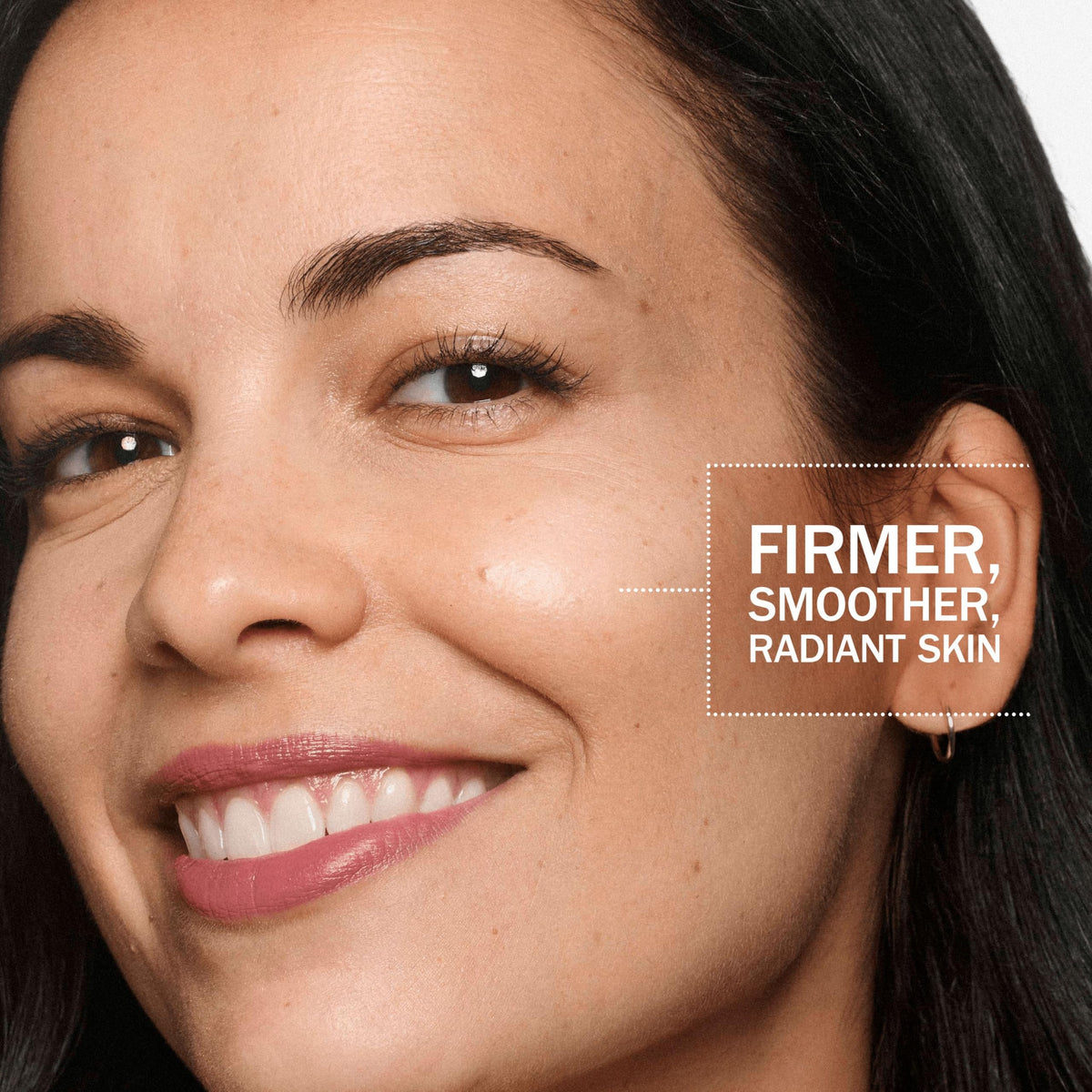 Woman's face with text 'Firmer, Smoother, Radiant Skin' on a neutral background