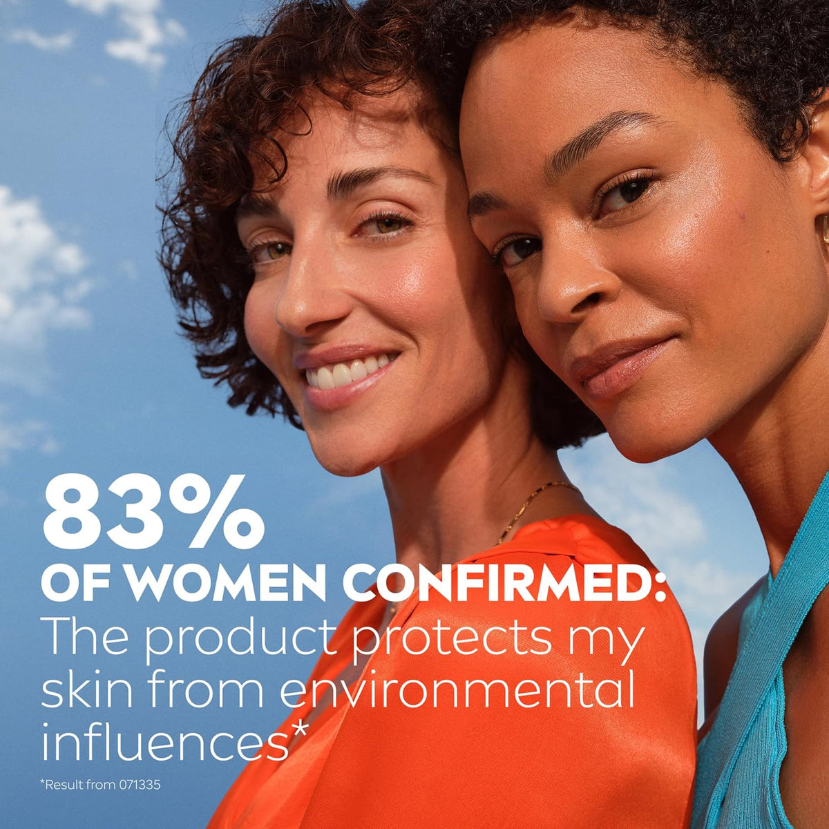 Two women smiling outdoors against a blue sky, with large white marketing text overlaid that reads, '83% OF WOMEN CONFIRMED: The product protects my skin from environmental influences'.