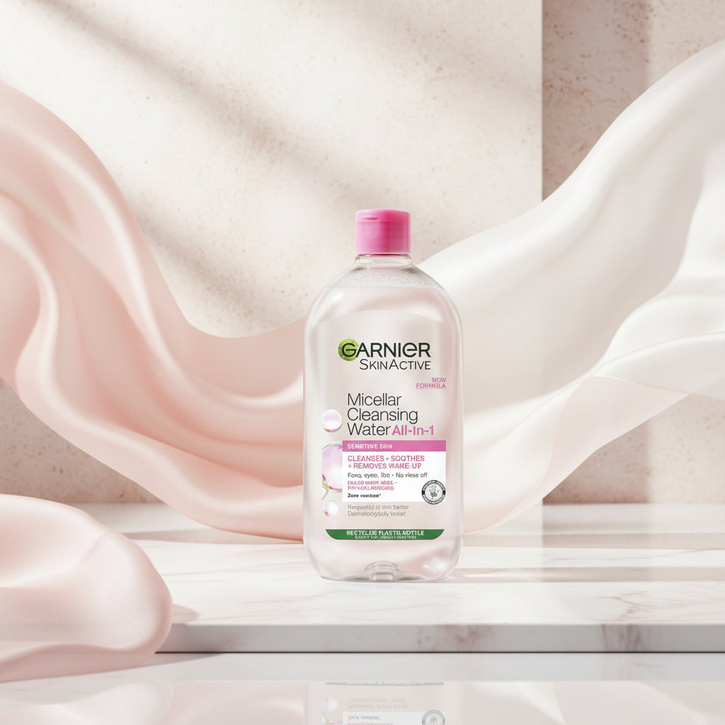 Garnier SkinActive Micellar Cleansing Water bottle on a pink background with text highlighting features.