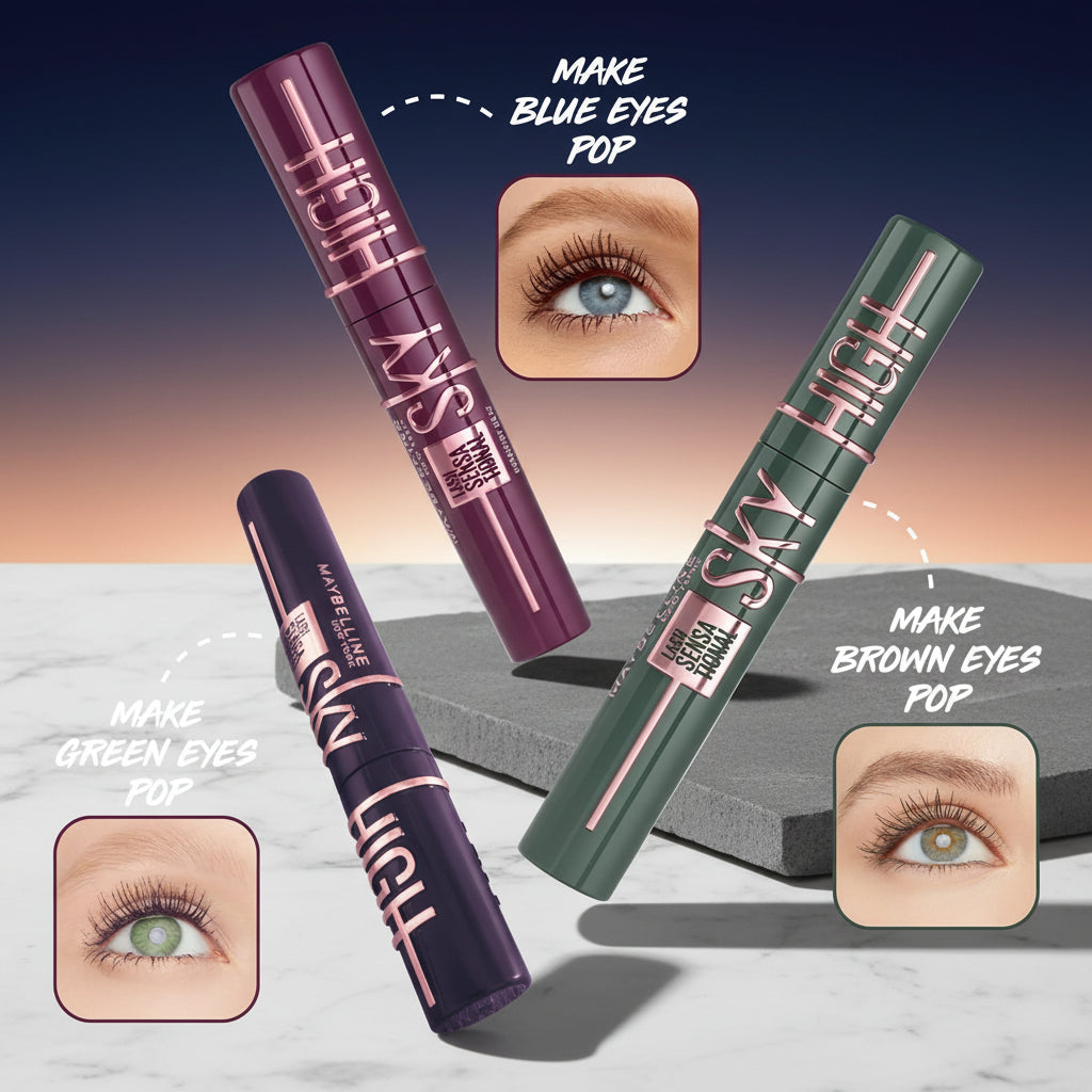 Three eyelash products with color-changing effects on eyes against a starry night sky background.