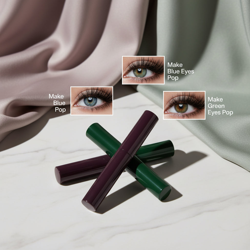 Three eyelash products with color-changing effects on eyes against a starry night sky background.