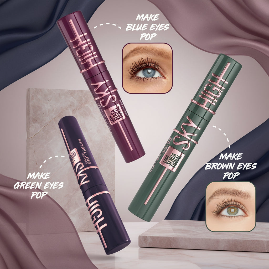 Three eyelash products with color-changing effects on eyes against a starry night sky background.