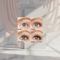 Before and after eye makeup comparison with primer and eyelash product application.