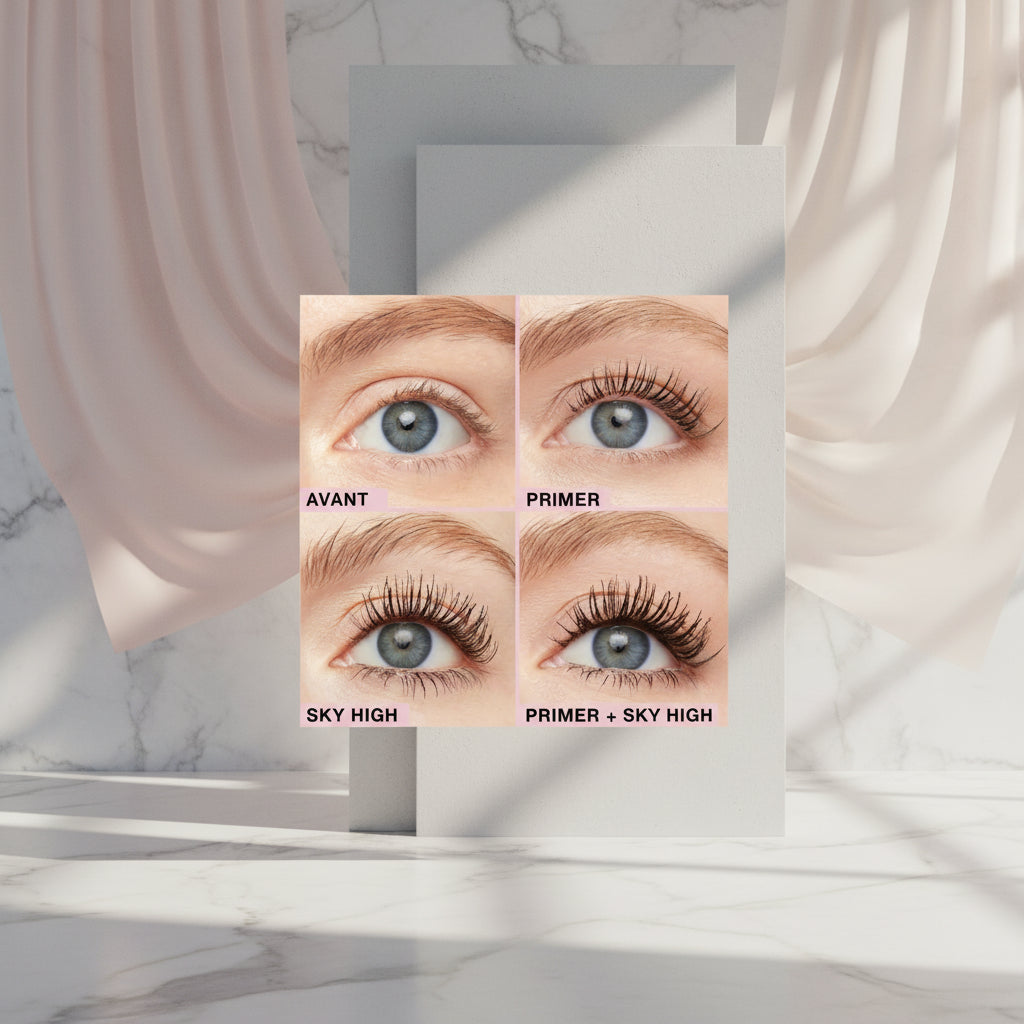 Before and after eye makeup comparison with primer and eyelash product application.