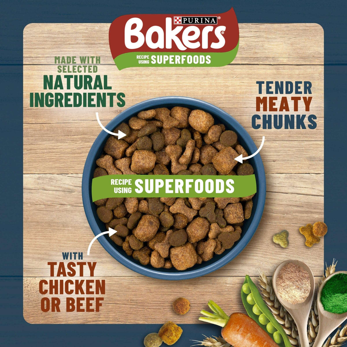 Bakers dog food packaging with text highlighting natural ingredients and tender meaty chunks.