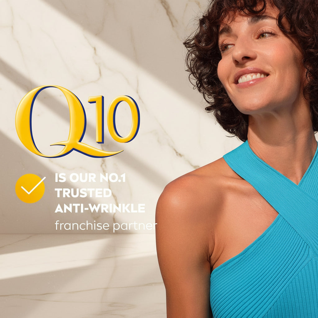 A smiling woman with curly brown hair wearing a bright turquoise ribbed halter-neck top, set against a blue sky background. Large yellow and white text on the left reads 'Q10 IS OUR NO.