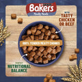 Bowl of Bakers Meaty Meals dog food with branding and text on a wooden board background.