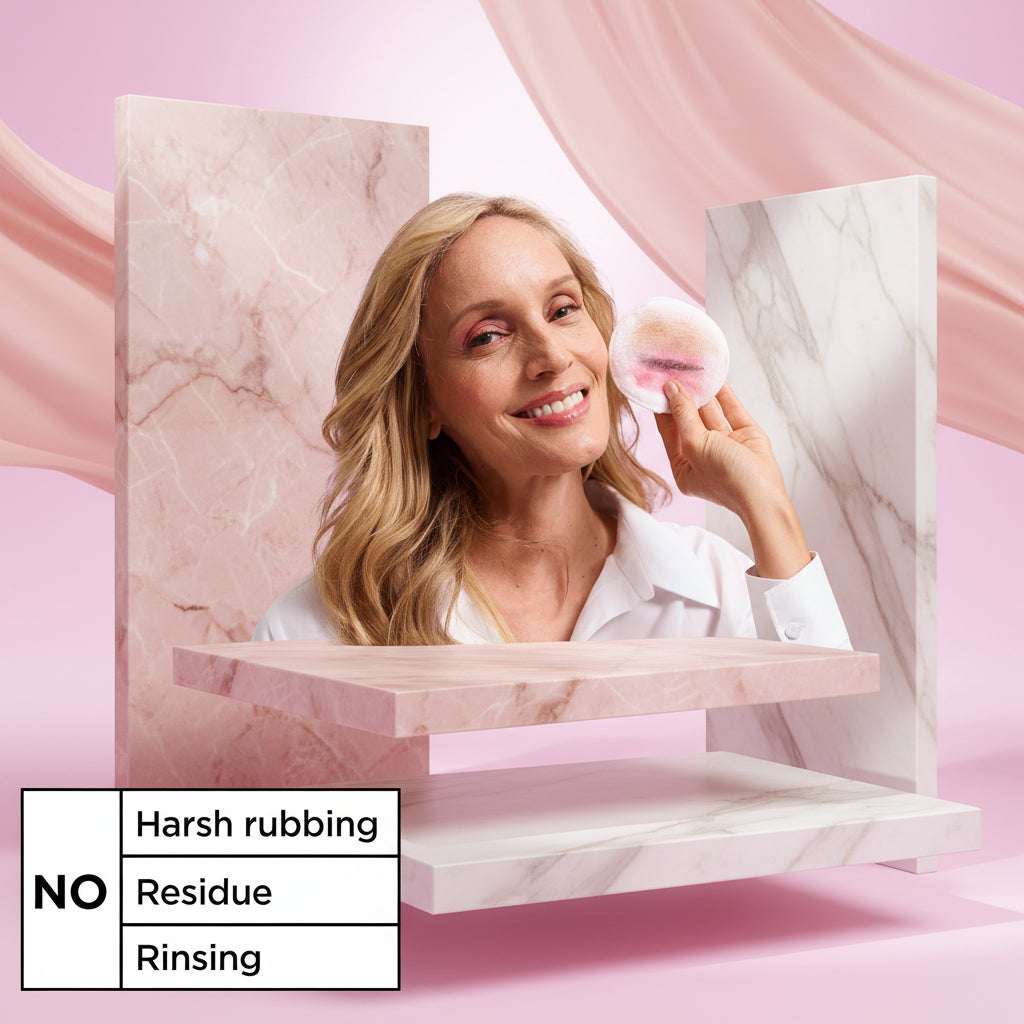 A smiling blonde woman in a white collared shirt holds a round makeup remover pad next to her face, with a text box that reads 'NO Harsh rubbing Residue Rinsing' on a soft pink background.
