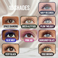 A shade chart graphic titled '10 SHADES' showing nine eye close-ups with different eyeliner colors and names including Navy Records, Space Diamond, Green Altitude, Plum Twilight, Blue Mist, Pink Air, Burgundy Blaze, Very Black, Cosmic Black, and True Brown.