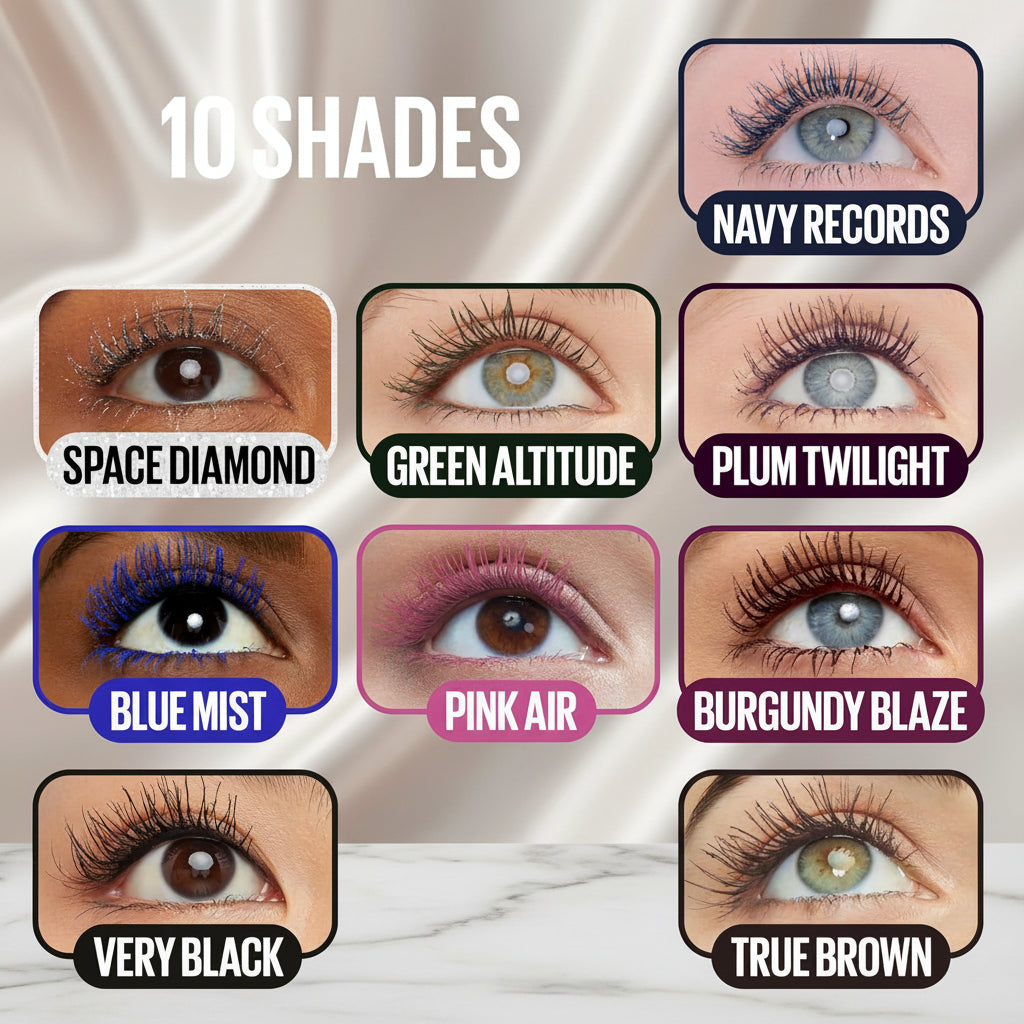A shade chart graphic titled '10 SHADES' showing nine eye close-ups with different eyeliner colors and names including Navy Records, Space Diamond, Green Altitude, Plum Twilight, Blue Mist, Pink Air, Burgundy Blaze, Very Black, Cosmic Black, and True Brown.