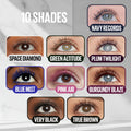 A shade chart graphic titled '10 SHADES' showing nine eye close-ups with different eyeliner colors and names including Navy Records, Space Diamond, Green Altitude, Plum Twilight, Blue Mist, Pink Air, Burgundy Blaze, Very Black, Cosmic Black, and True Brown.