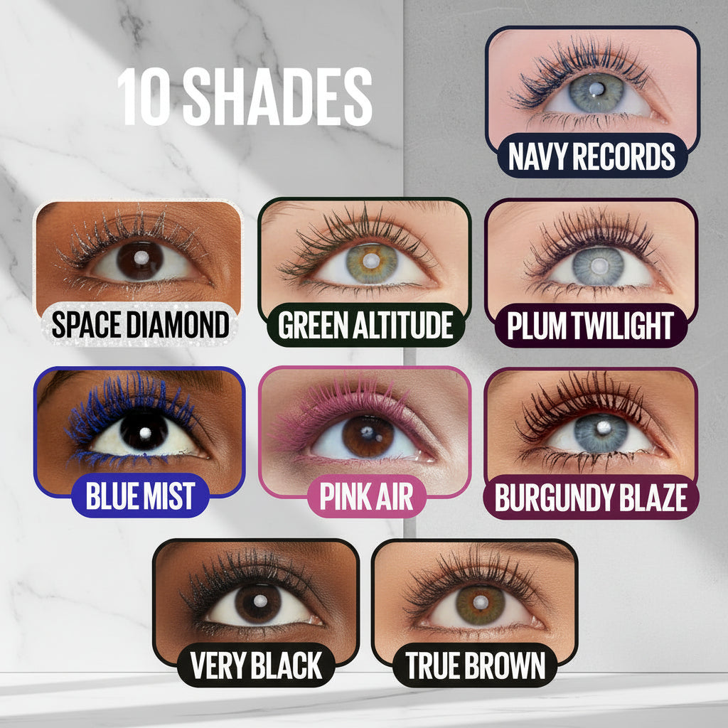 A shade chart graphic titled '10 SHADES' showing nine eye close-ups with different eyeliner colors and names including Navy Records, Space Diamond, Green Altitude, Plum Twilight, Blue Mist, Pink Air, Burgundy Blaze, Very Black, Cosmic Black, and True Brown.