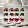 A shade chart graphic titled '10 SHADES' showing nine eye close-ups with different eyeliner colors and names including Navy Records, Space Diamond, Green Altitude, Plum Twilight, Blue Mist, Pink Air, Burgundy Blaze, Very Black, Cosmic Black, and True Brown.